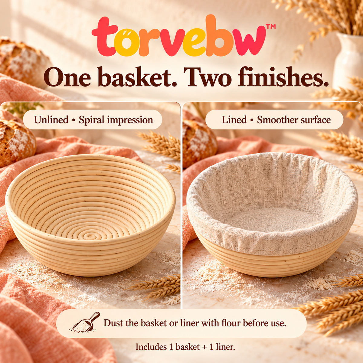 torvebw™ CoilForm Round Banneton Bread Proofing Basket, 9-Inch Rattan Sourdough Basket with Cotton Liner