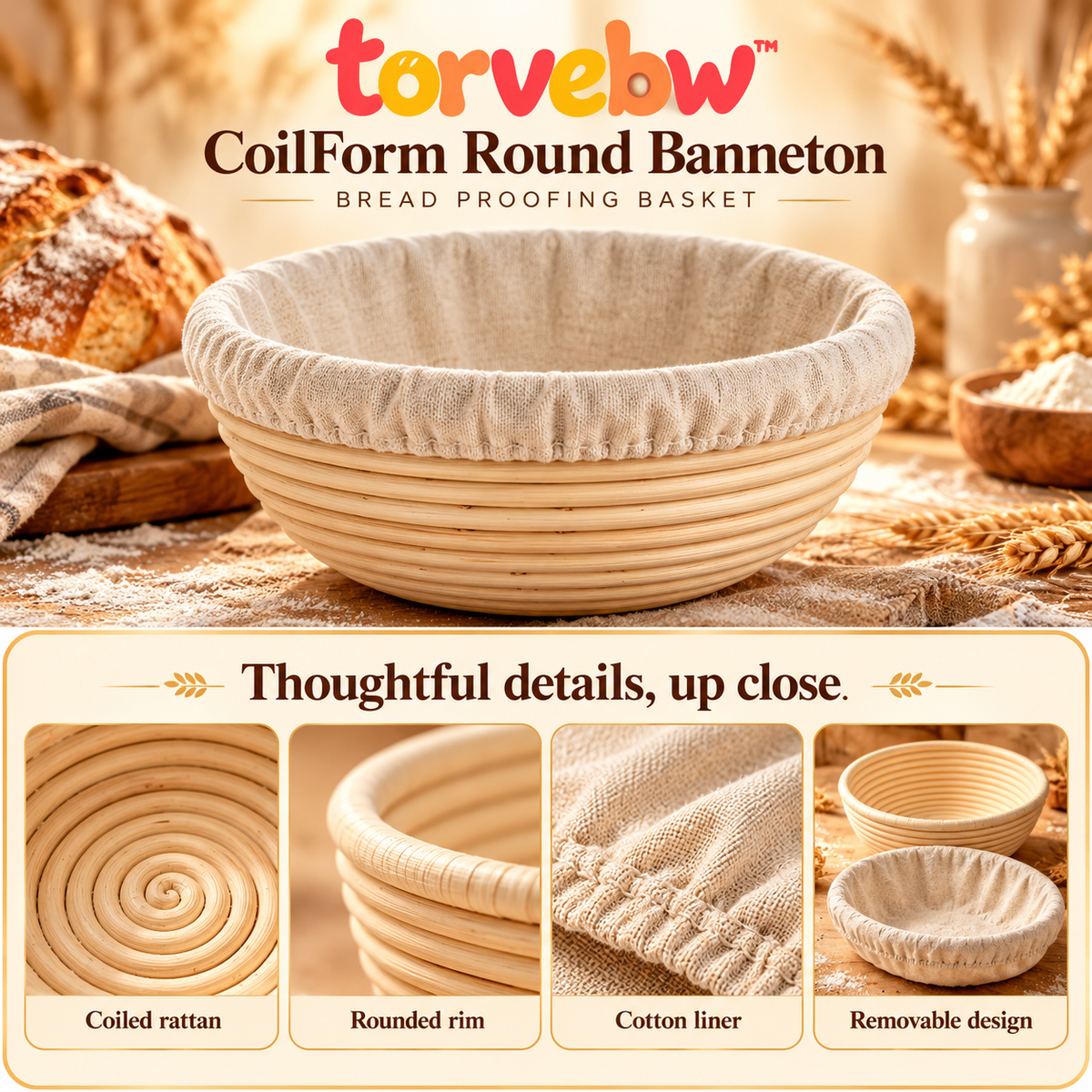 torvebw™ CoilForm Round Banneton Bread Proofing Basket, 9-Inch Rattan Sourdough Basket with Cotton Liner