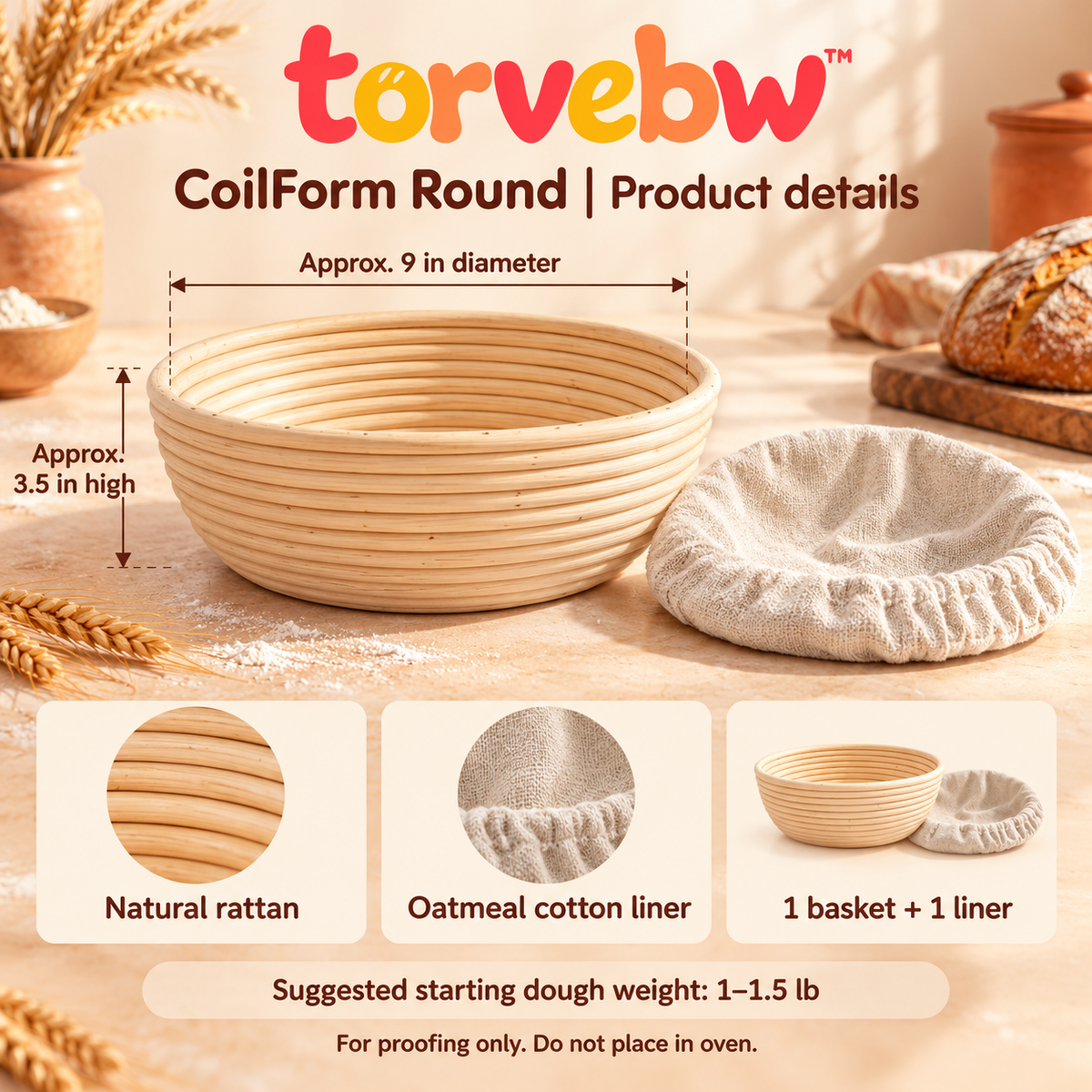 torvebw™ CoilForm Round Banneton Bread Proofing Basket, 9-Inch Rattan Sourdough Basket with Cotton Liner
