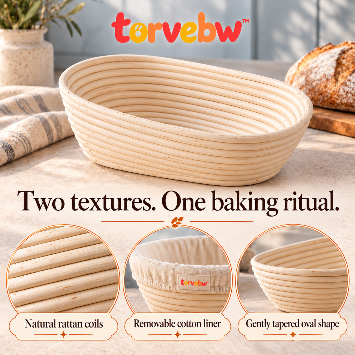 torvebw™ CoilForm Oval Banneton Bread Proofing Basket, 10-Inch Rattan Batard Basket with Cotton Liner