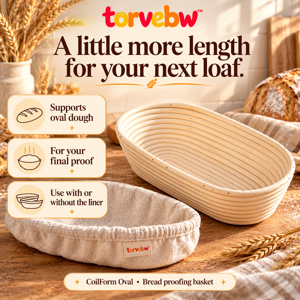 torvebw™ CoilForm Oval Banneton Bread Proofing Basket, 10-Inch Rattan Batard Basket with Cotton Liner
