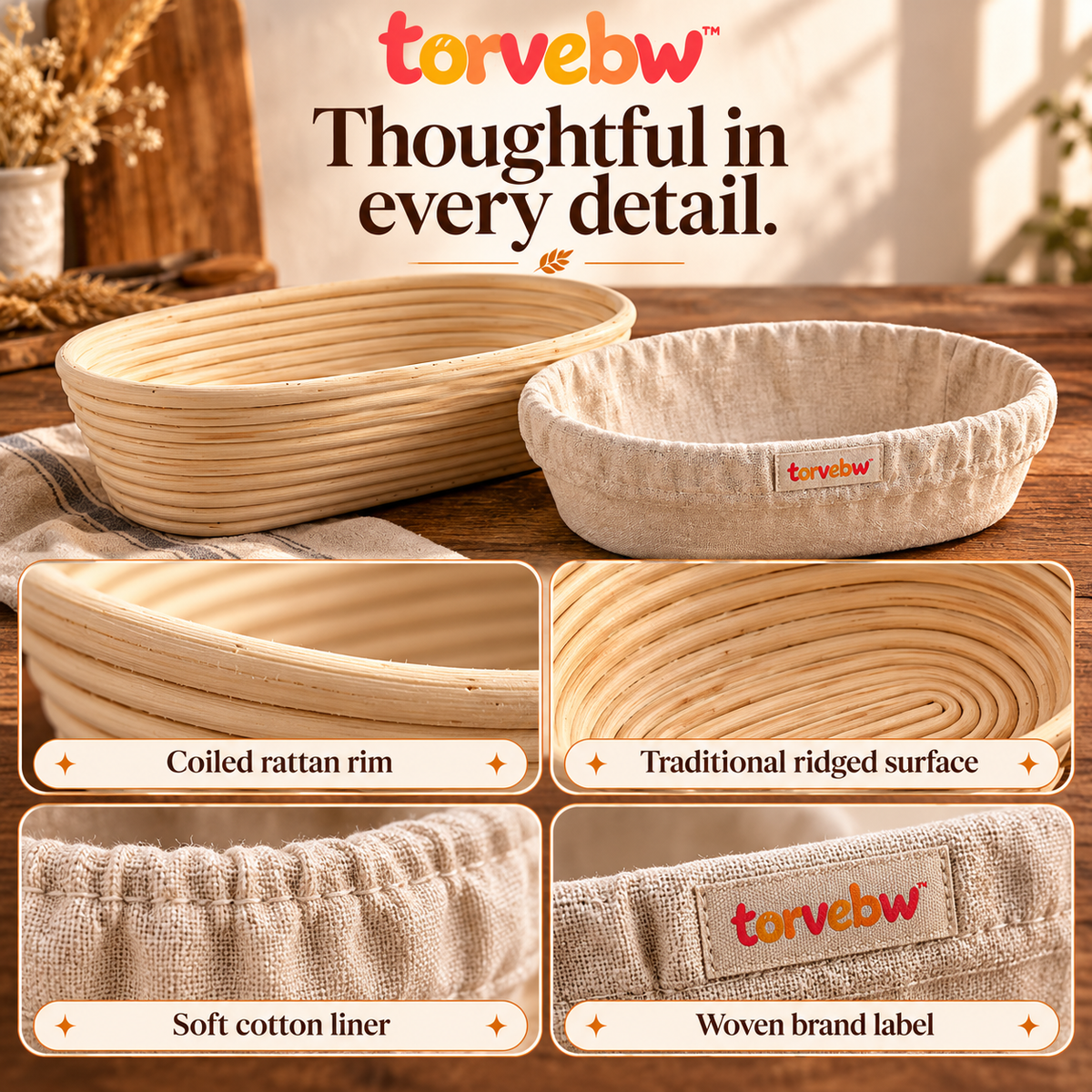 torvebw™ CoilForm Oval Banneton Bread Proofing Basket, 10-Inch Rattan Batard Basket with Cotton Liner