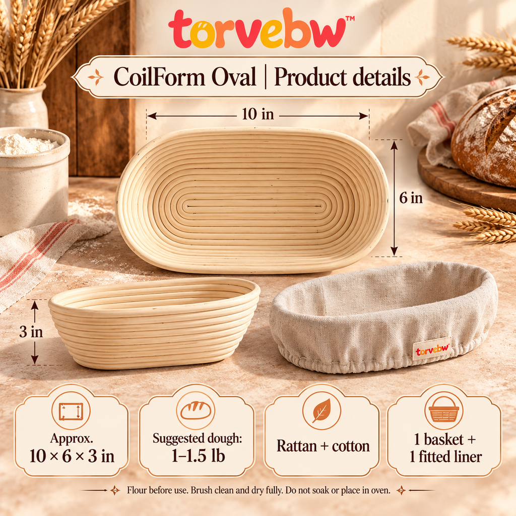torvebw™ CoilForm Oval Banneton Bread Proofing Basket, 10-Inch Rattan Batard Basket with Cotton Liner