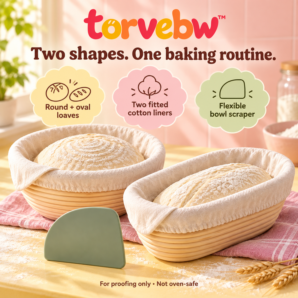 torvebw™ CoilForm Round & Oval Banneton Set, Sourdough Bread Proofing Baskets with Liners and Bowl Scraper