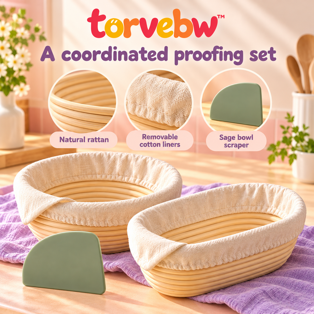torvebw™ CoilForm Round & Oval Banneton Set, Sourdough Bread Proofing Baskets with Liners and Bowl Scraper