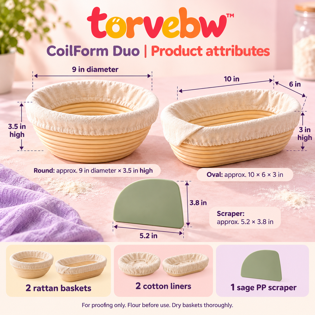 torvebw™ CoilForm Round & Oval Banneton Set, Sourdough Bread Proofing Baskets with Liners and Bowl Scraper