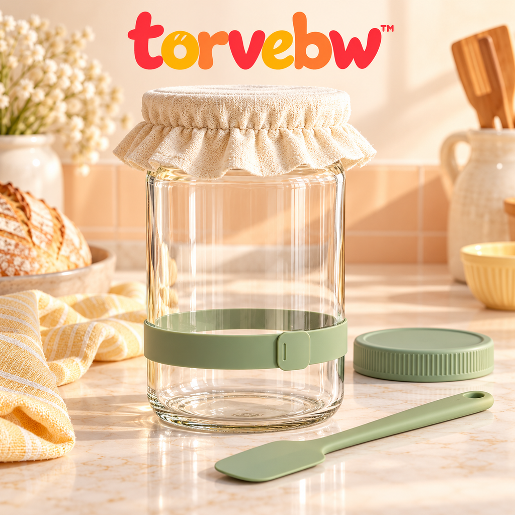 torvebw™ RiseTrack Sourdough Starter Jar Kit, 32 fl oz Wide-Mouth Glass Container with Feeding Band and Spatula