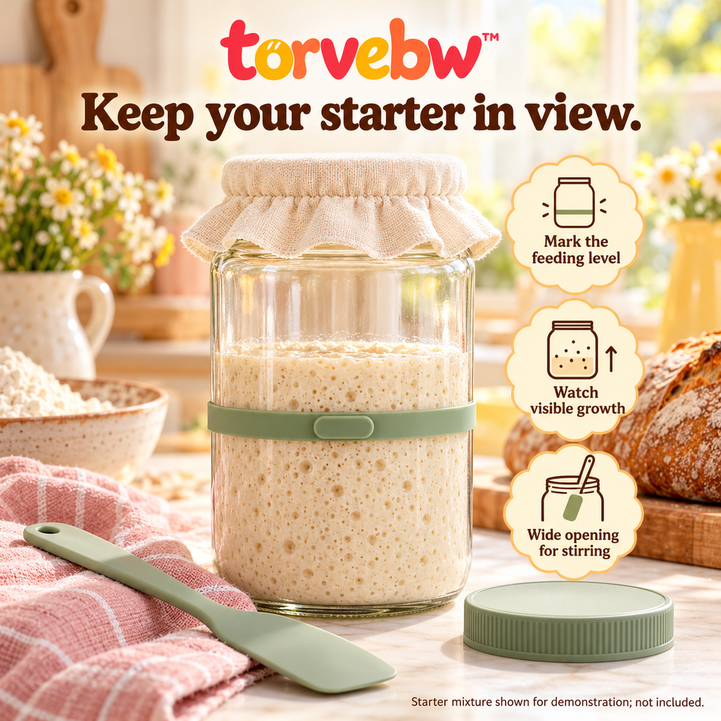 torvebw™ RiseTrack Sourdough Starter Jar Kit, 32 fl oz Wide-Mouth Glass Container with Feeding Band and Spatula