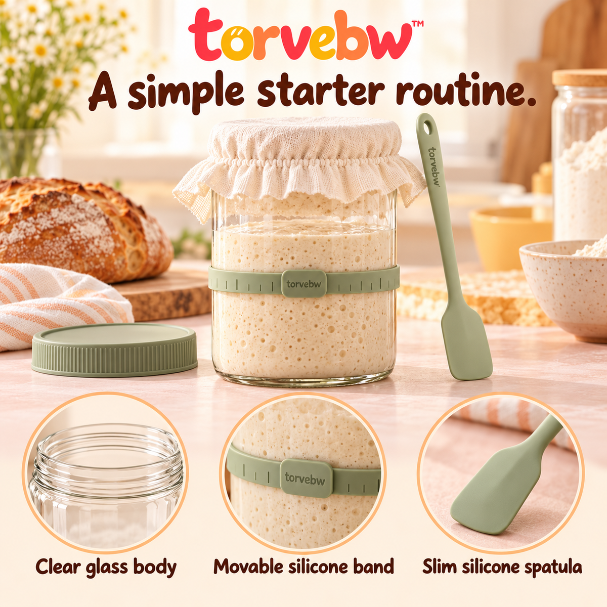 torvebw™ RiseTrack Sourdough Starter Jar Kit, 32 fl oz Wide-Mouth Glass Container with Feeding Band and Spatula