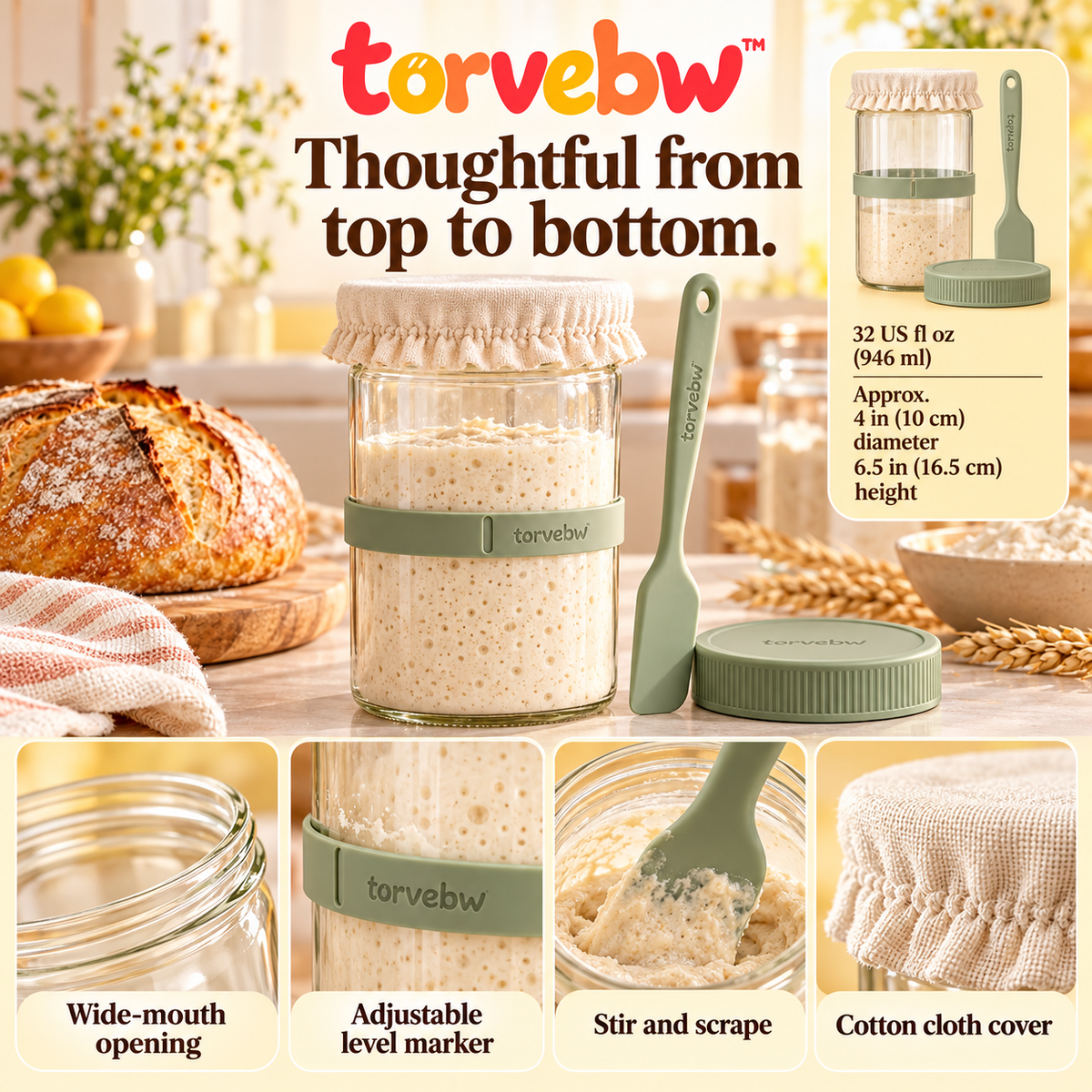 torvebw™ RiseTrack Sourdough Starter Jar Kit, 32 fl oz Wide-Mouth Glass Container with Feeding Band and Spatula