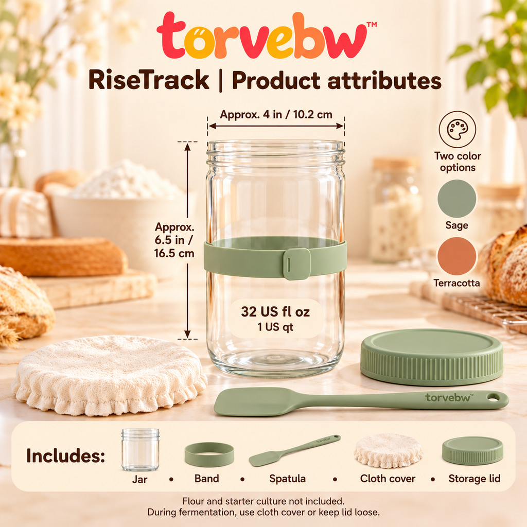 torvebw™ RiseTrack Sourdough Starter Jar Kit, 32 fl oz Wide-Mouth Glass Container with Feeding Band and Spatula