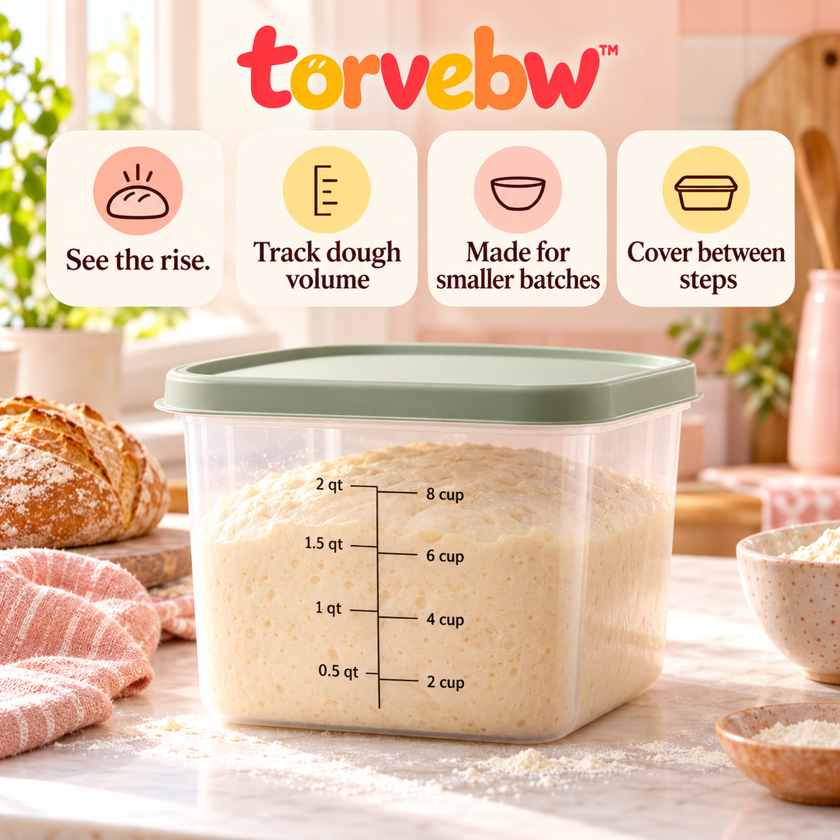 torvebw™ RiseTrack 2-Quart Dough Proofing Container with Lid, Graduated Bread Dough Rising Tub