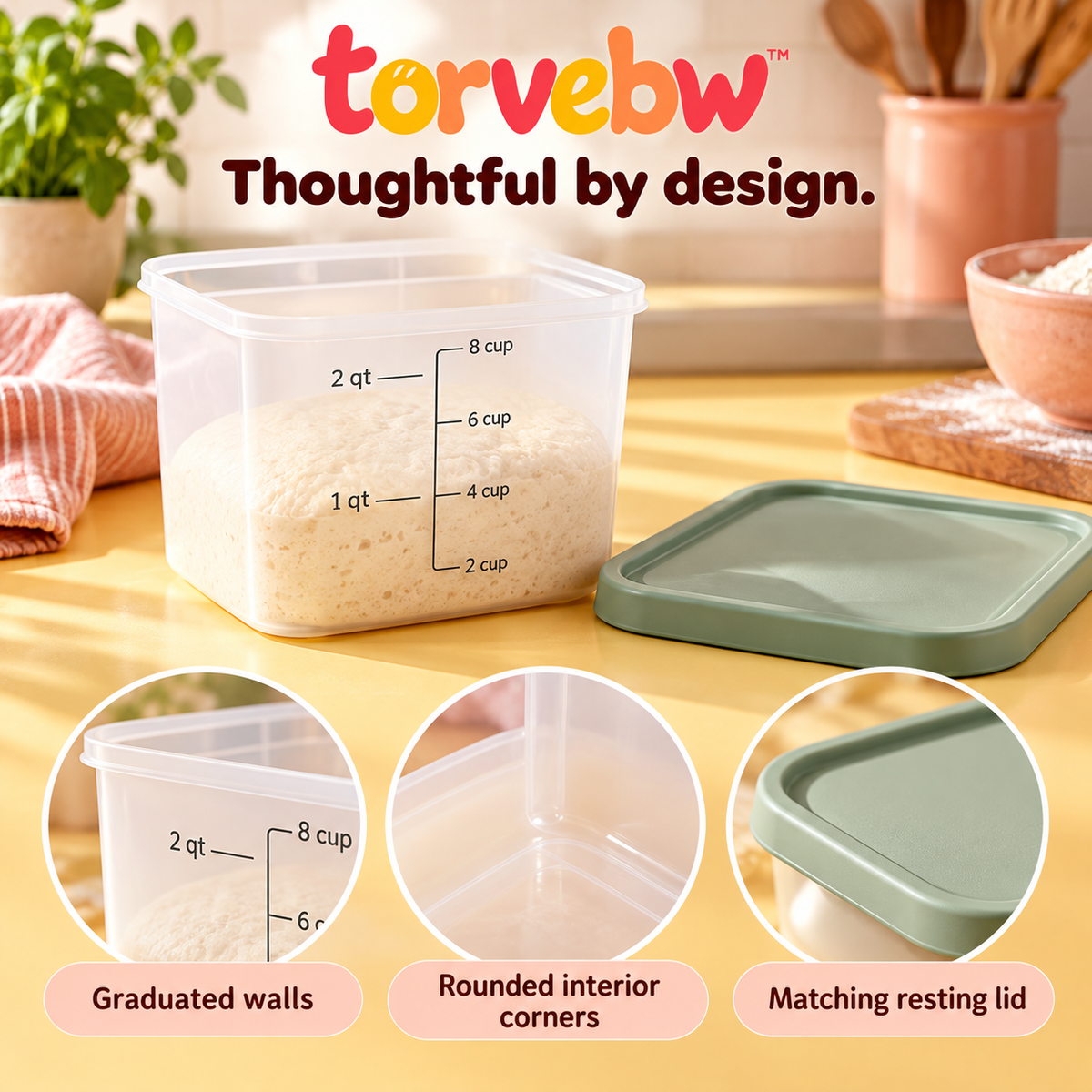 torvebw™ RiseTrack 2-Quart Dough Proofing Container with Lid, Graduated Bread Dough Rising Tub