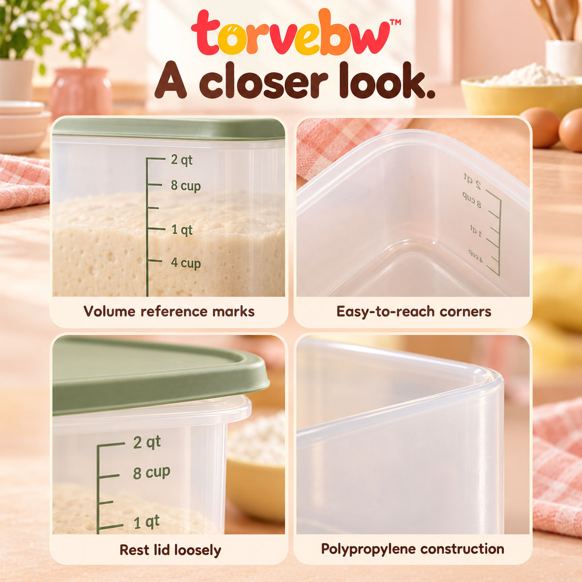 torvebw™ RiseTrack 2-Quart Dough Proofing Container with Lid, Graduated Bread Dough Rising Tub