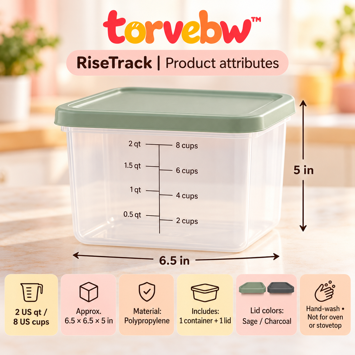 torvebw™ RiseTrack 2-Quart Dough Proofing Container with Lid, Graduated Bread Dough Rising Tub