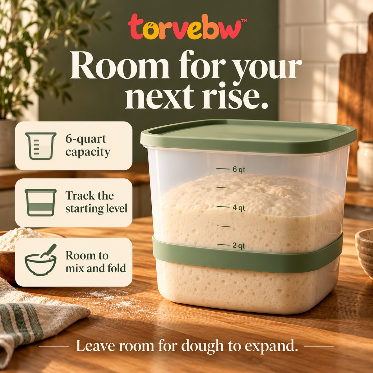 torvebw™ RiseTrack 6-Quart Dough Rising Container with Lid and Adjustable Level Band