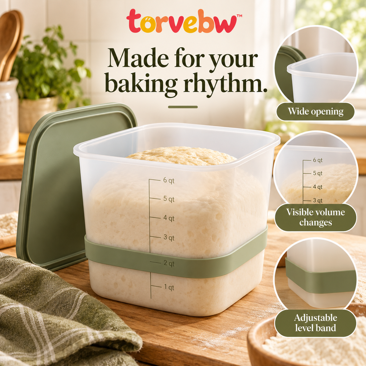 torvebw™ RiseTrack 6-Quart Dough Rising Container with Lid and Adjustable Level Band
