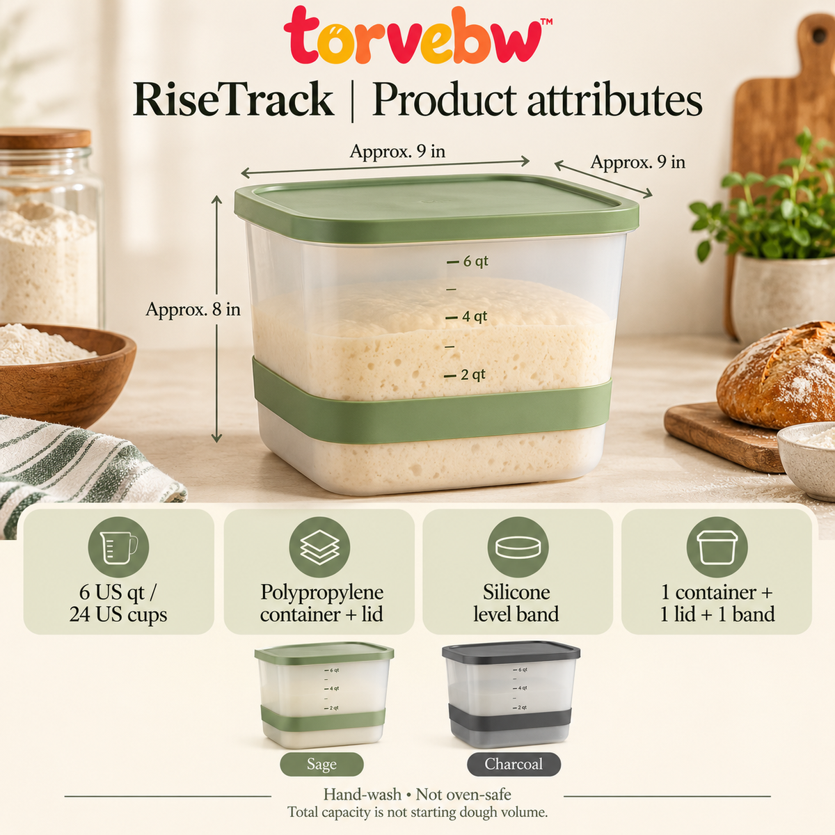 torvebw™ RiseTrack 6-Quart Dough Rising Container with Lid and Adjustable Level Band