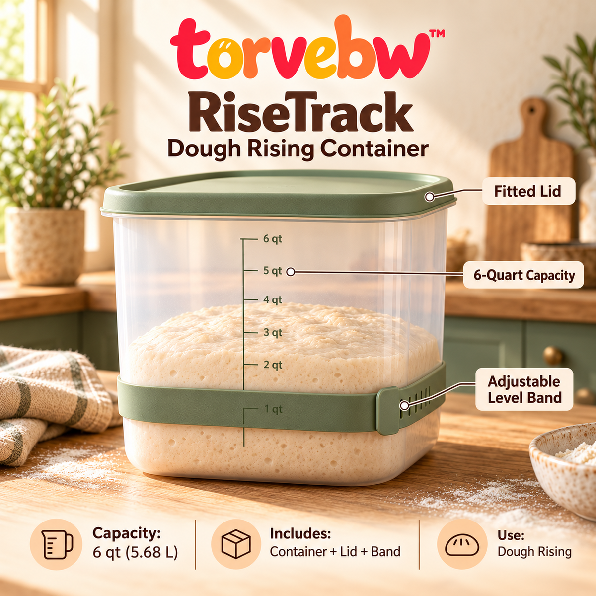 torvebw™ RiseTrack 6-Quart Dough Rising Container with Lid and Adjustable Level Band