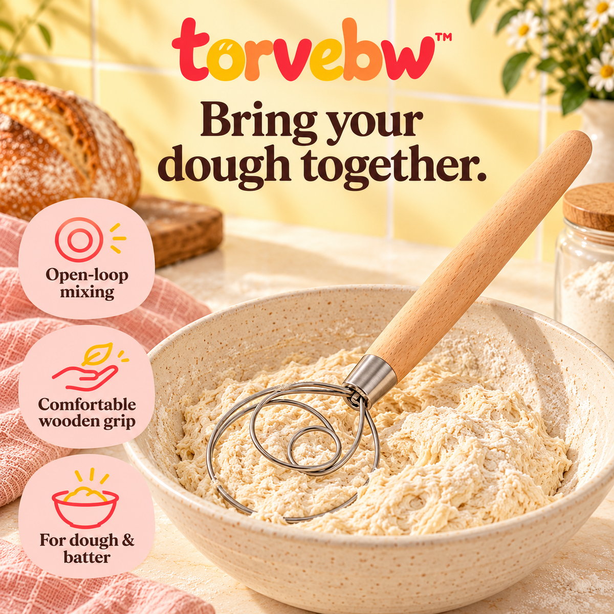 torvebw™ LoopMix Danish Dough Whisk, 13-Inch Stainless Steel Bread Mixer with Beechwood Handle