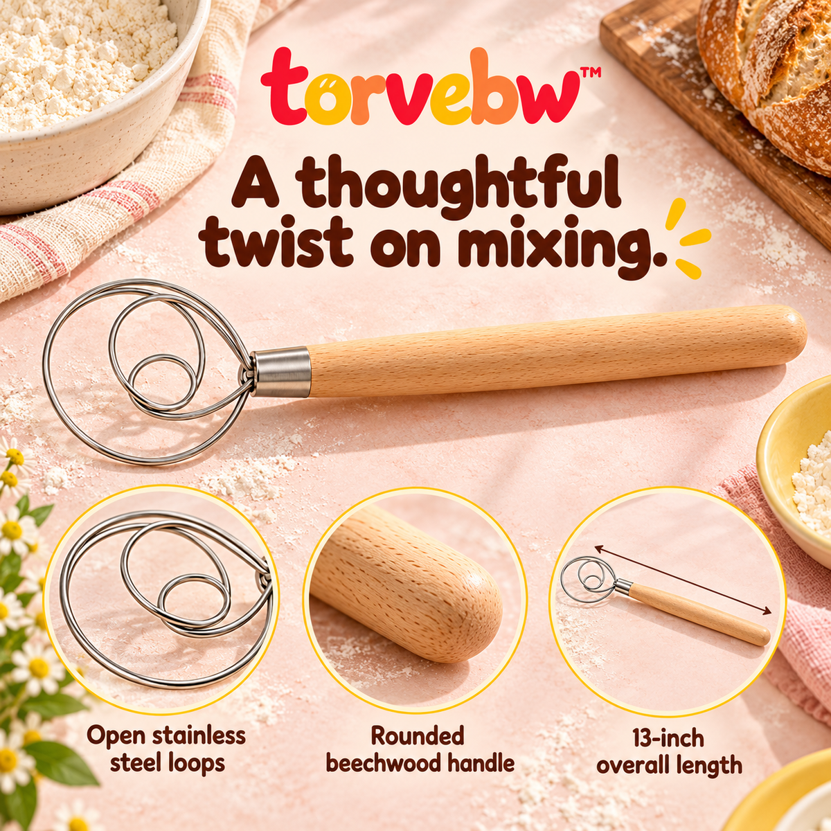 torvebw™ LoopMix Danish Dough Whisk, 13-Inch Stainless Steel Bread Mixer with Beechwood Handle