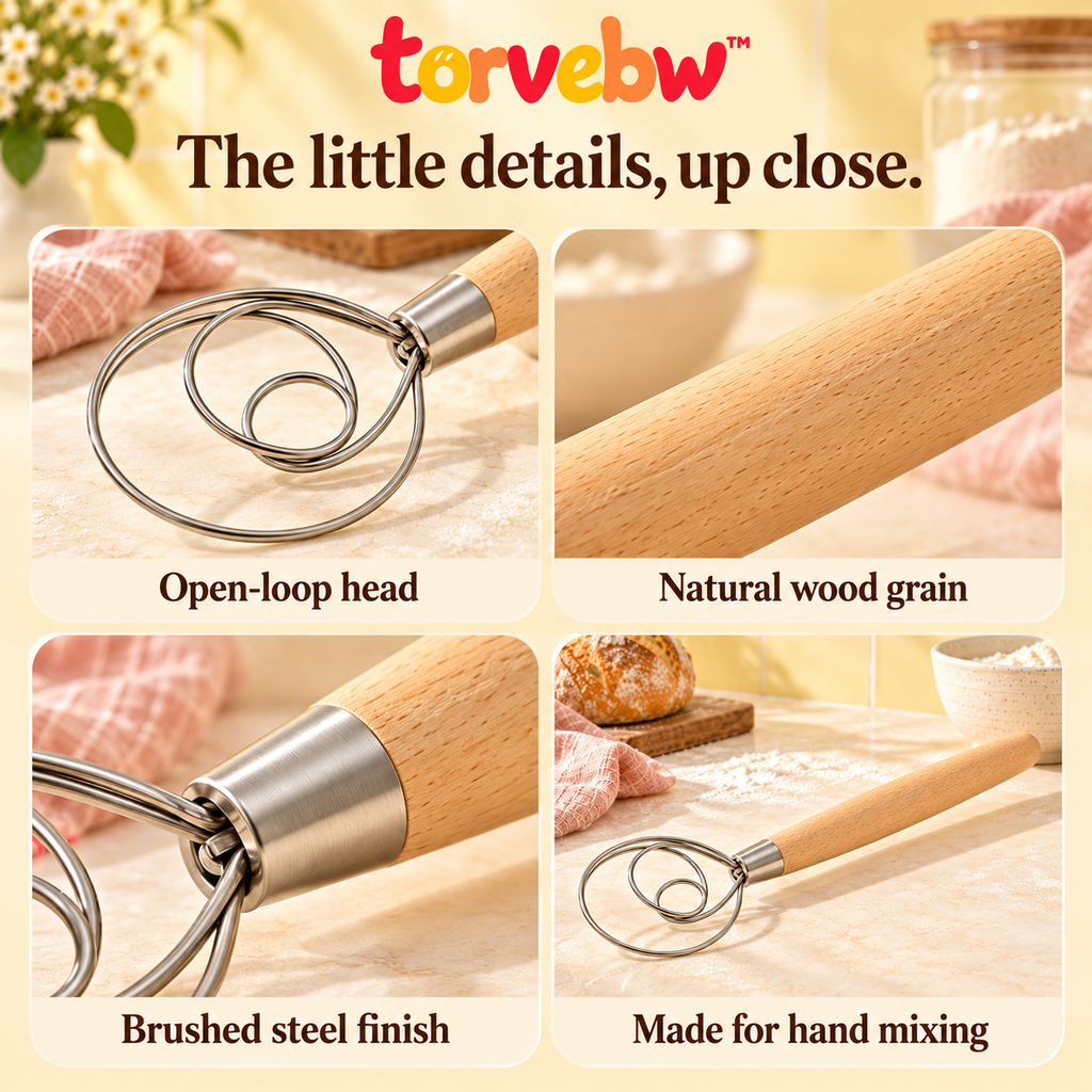 torvebw™ LoopMix Danish Dough Whisk, 13-Inch Stainless Steel Bread Mixer with Beechwood Handle