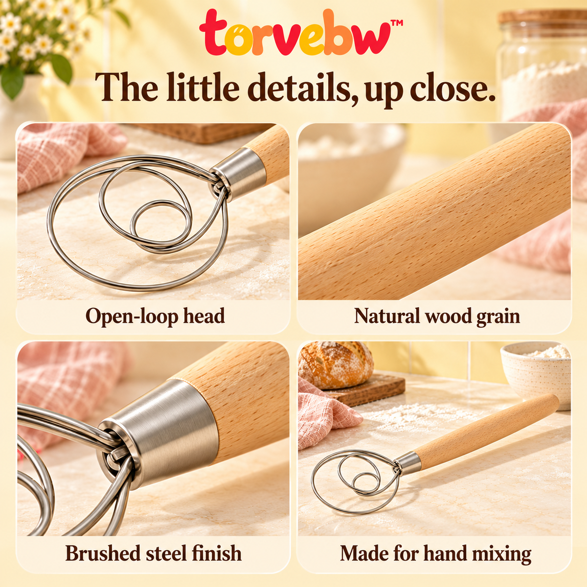 torvebw™ LoopMix Danish Dough Whisk, 13-Inch Stainless Steel Bread Mixer with Beechwood Handle