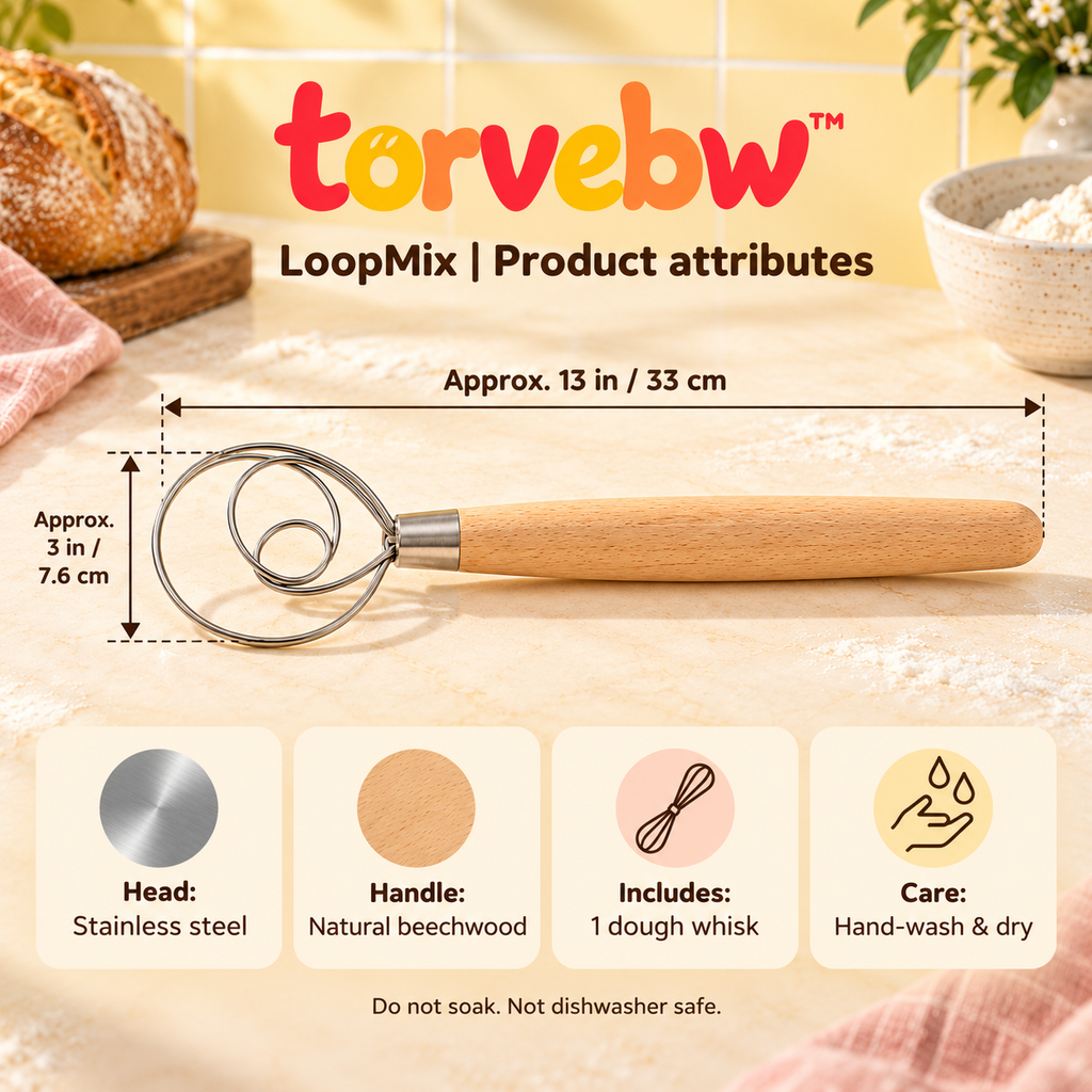 torvebw™ LoopMix Danish Dough Whisk, 13-Inch Stainless Steel Bread Mixer with Beechwood Handle