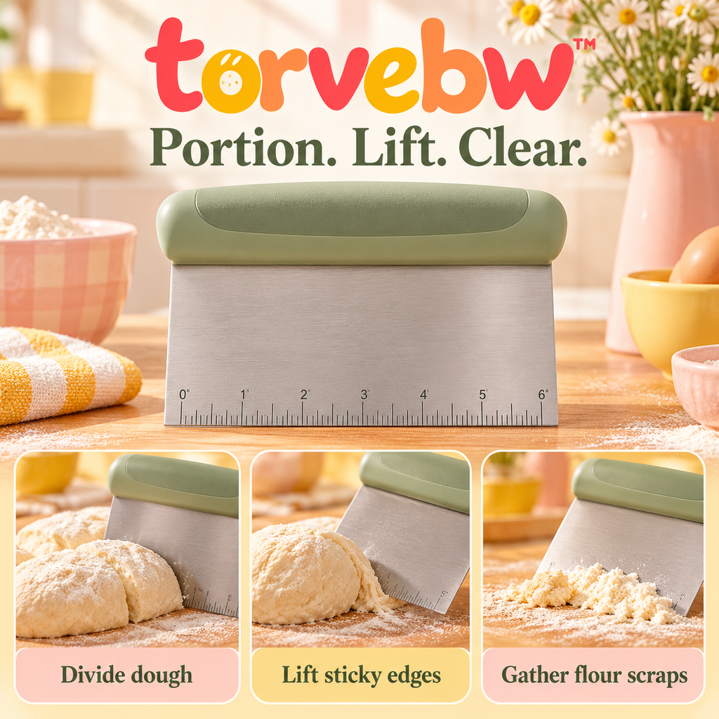 torvebw™ BenchLine Stainless Steel Bench Scraper, 6-Inch Dough Cutter with Inch Ruler and Soft-Grip Handle