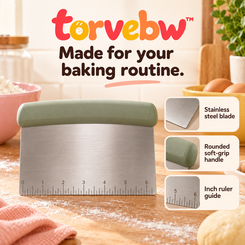 torvebw™ BenchLine Stainless Steel Bench Scraper, 6-Inch Dough Cutter with Inch Ruler and Soft-Grip Handle