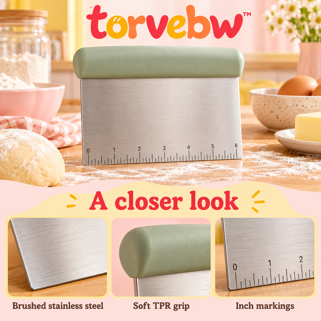 torvebw™ BenchLine Stainless Steel Bench Scraper, 6-Inch Dough Cutter with Inch Ruler and Soft-Grip Handle