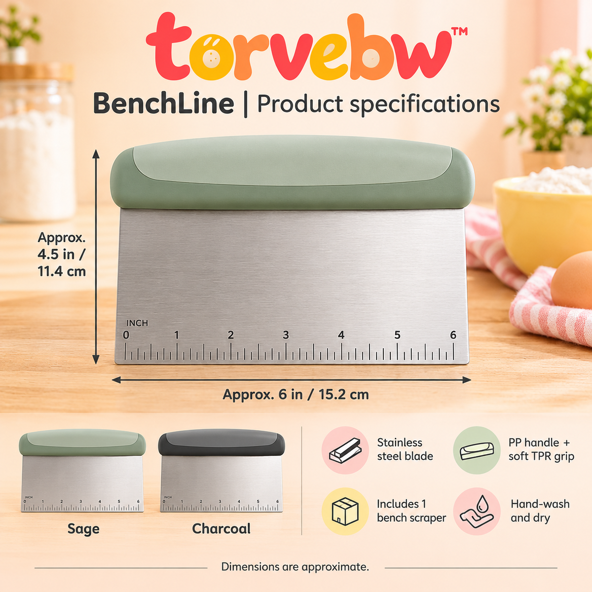 torvebw™ BenchLine Stainless Steel Bench Scraper, 6-Inch Dough Cutter with Inch Ruler and Soft-Grip Handle