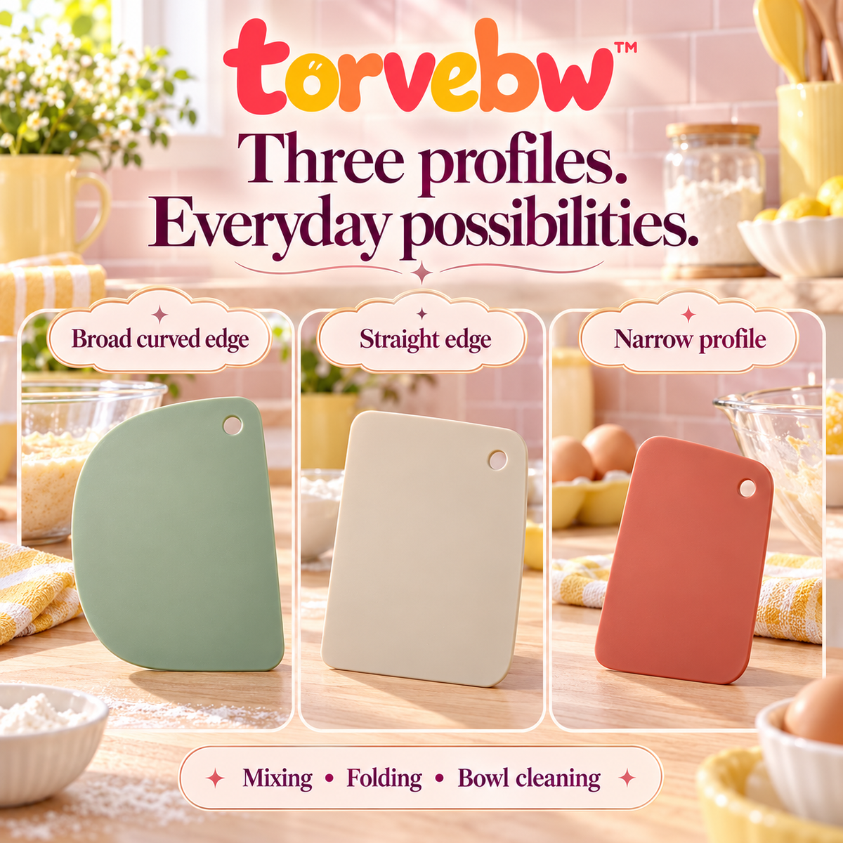 torvebw™ CurveFold Flexible Bowl Scraper Set, 3-Piece Dough Scrapers for Mixing, Folding and Bowl Cleaning