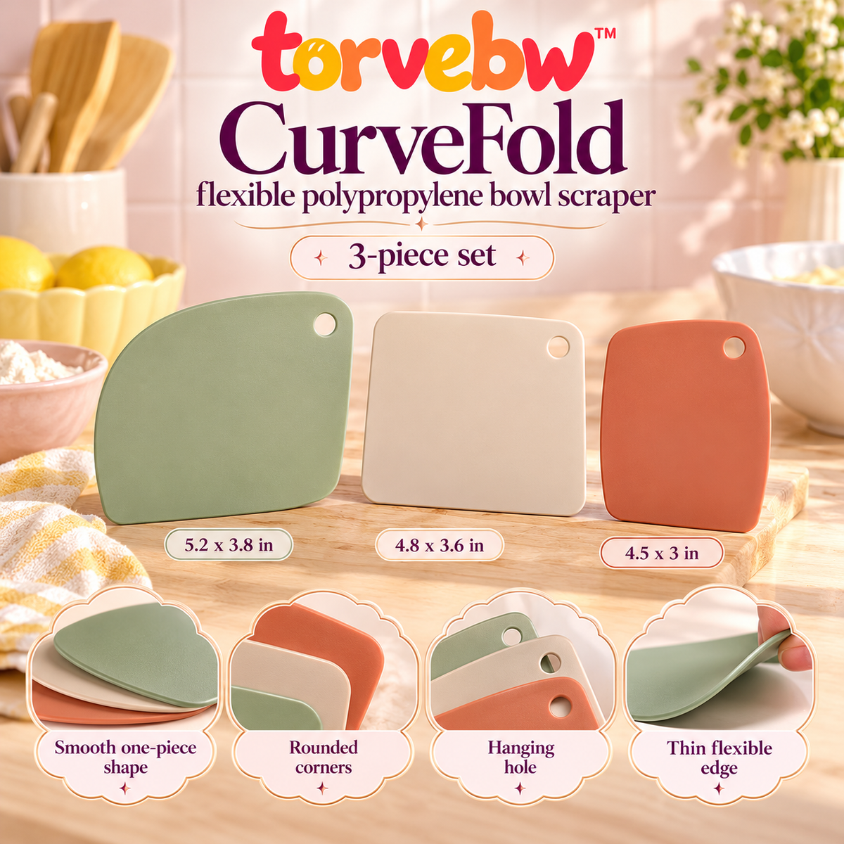 torvebw™ CurveFold Flexible Bowl Scraper Set, 3-Piece Dough Scrapers for Mixing, Folding and Bowl Cleaning