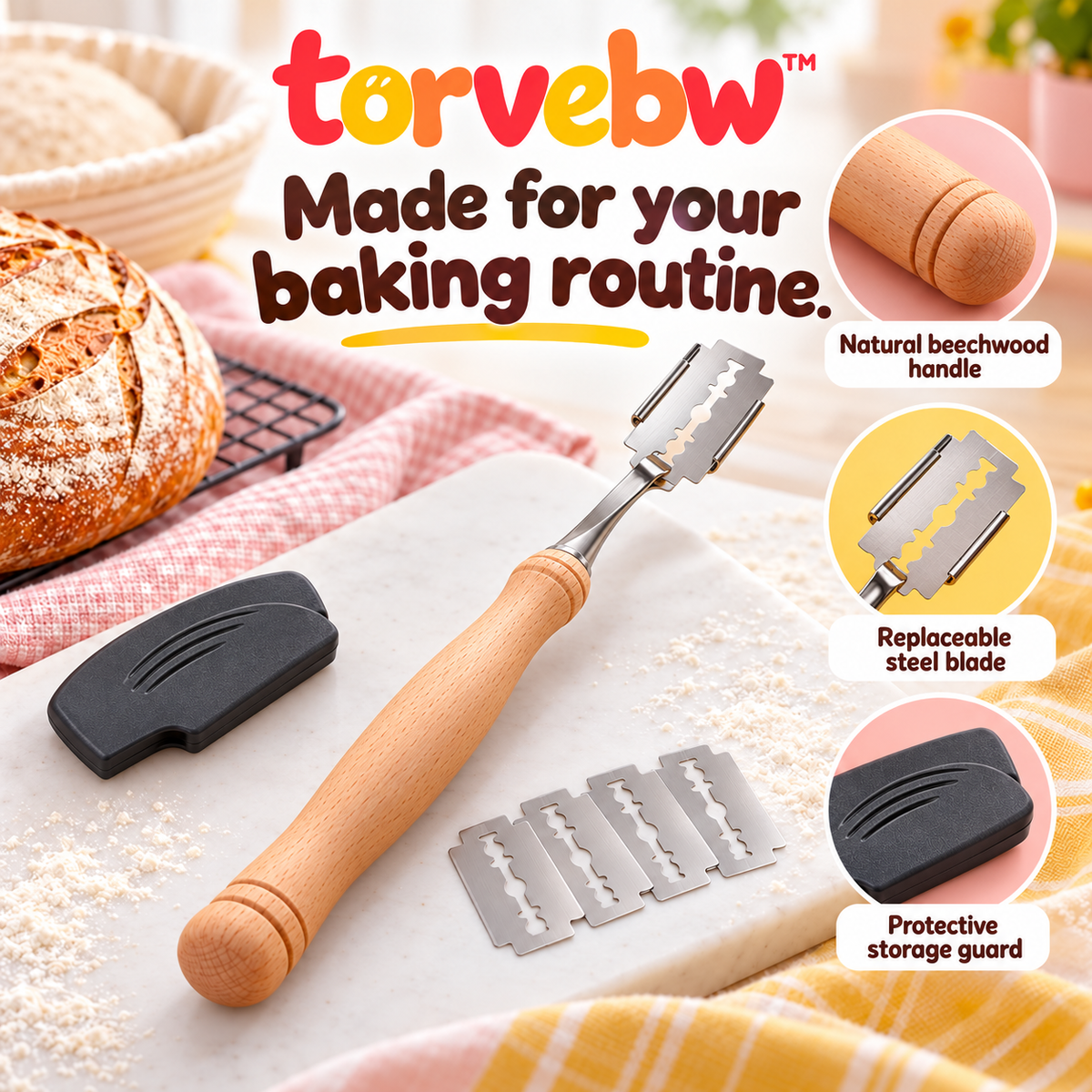 torvebw™ ScoreCraft Bread Lame, Wooden Sourdough Scoring Tool with Blade Guard and 5 Blades