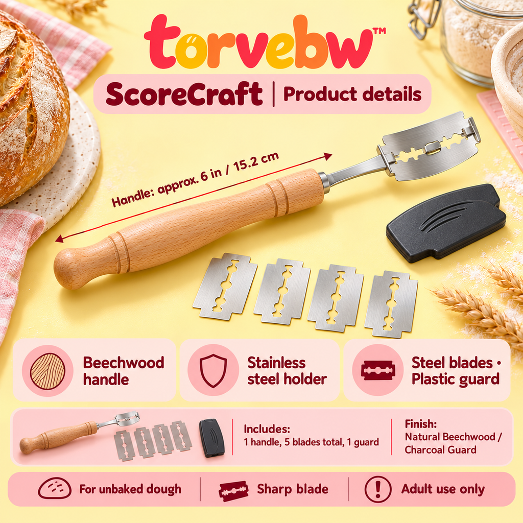 torvebw™ ScoreCraft Bread Lame, Wooden Sourdough Scoring Tool with Blade Guard and 5 Blades