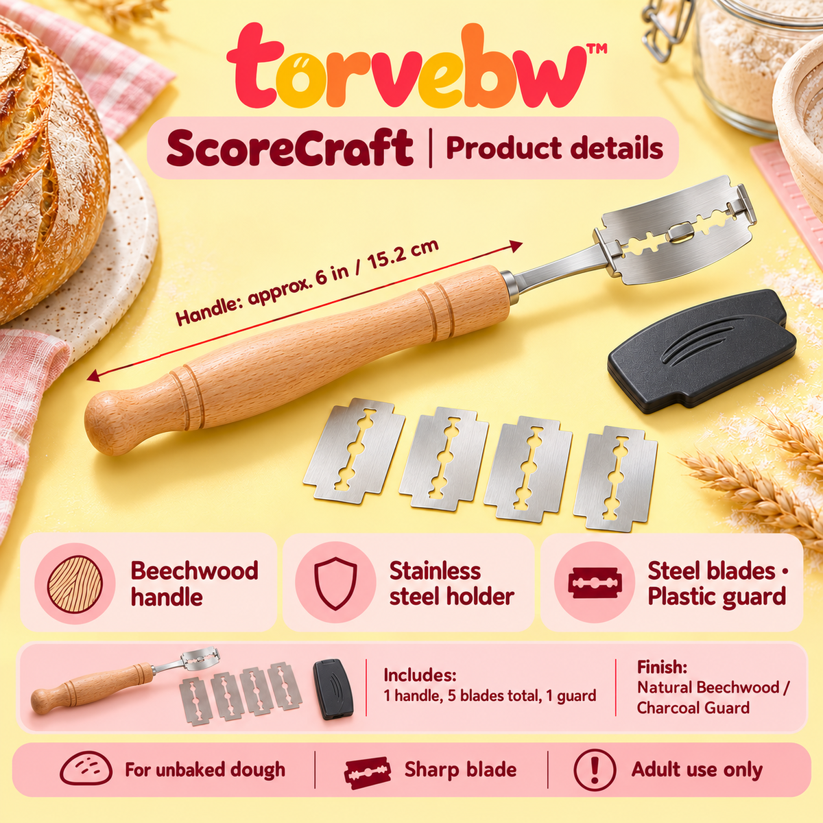 torvebw™ ScoreCraft Bread Lame, Wooden Sourdough Scoring Tool with Blade Guard and 5 Blades