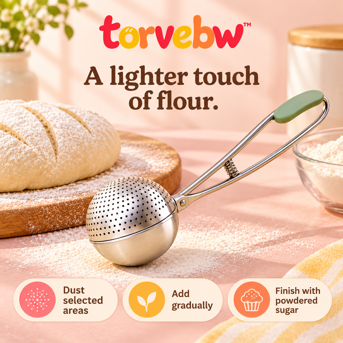 torvebw™ DustLine Flour Duster, Stainless Steel Spring-Action Dusting Wand for Bread, Pastry and Powdered Sugar