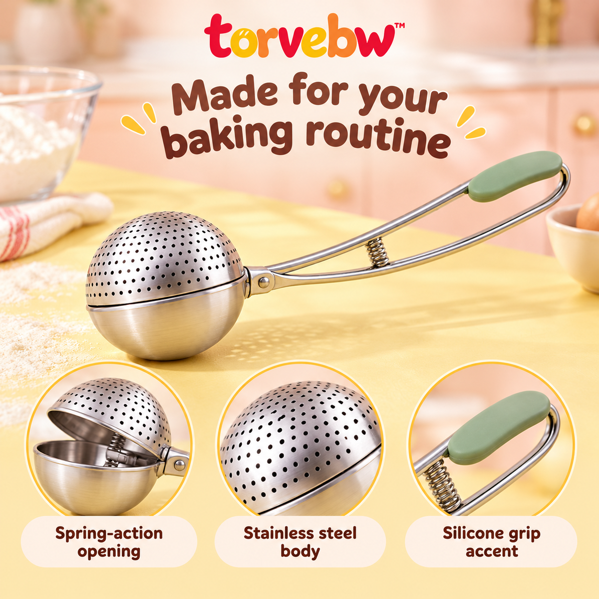 torvebw™ DustLine Flour Duster, Stainless Steel Spring-Action Dusting Wand for Bread, Pastry and Powdered Sugar