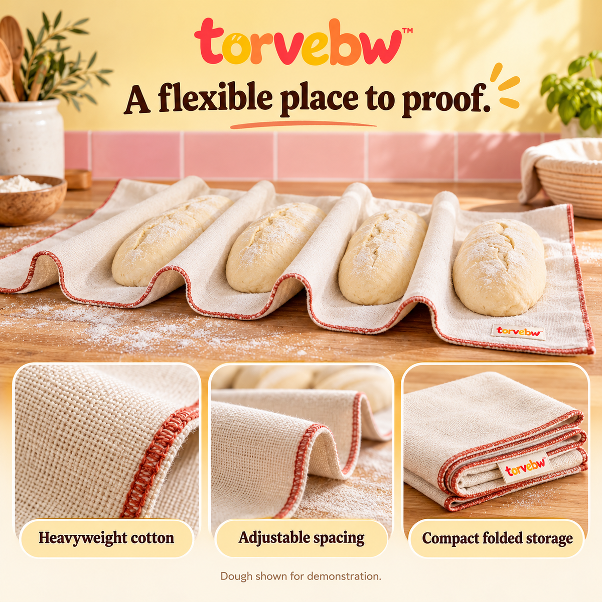 torvebw™ FoldRest Baker’s Couche, 26 × 18-Inch Cotton Proofing Cloth for Baguettes and Bread Rolls