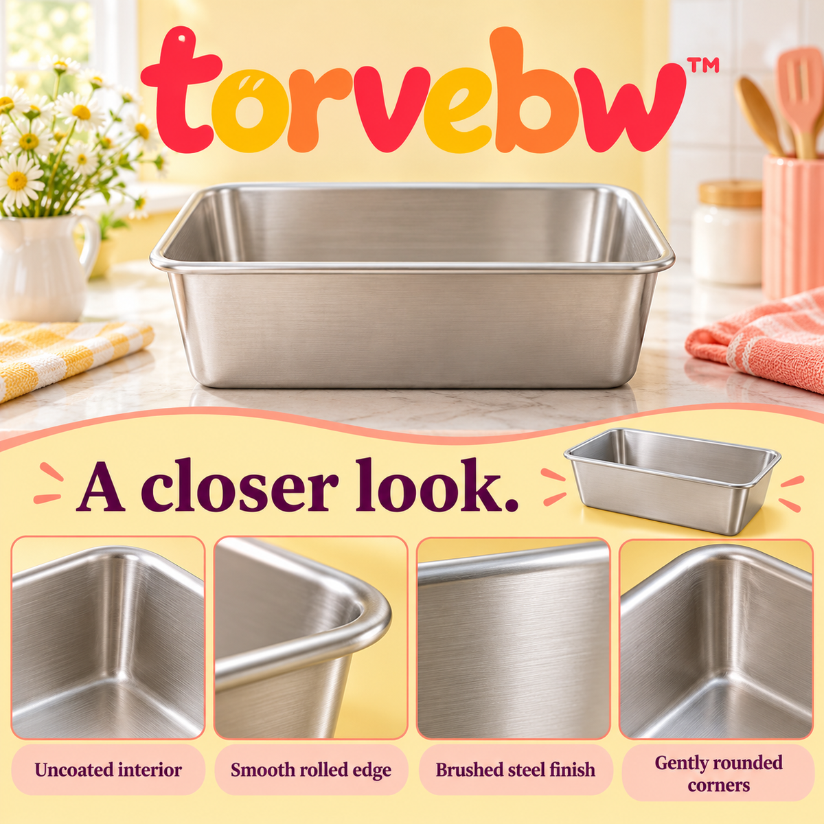 torvebw™ DailyBake Loaf Pan, 9 × 5-Inch Uncoated Stainless Steel Bread Pan for Sandwich Bread and Quick Breads