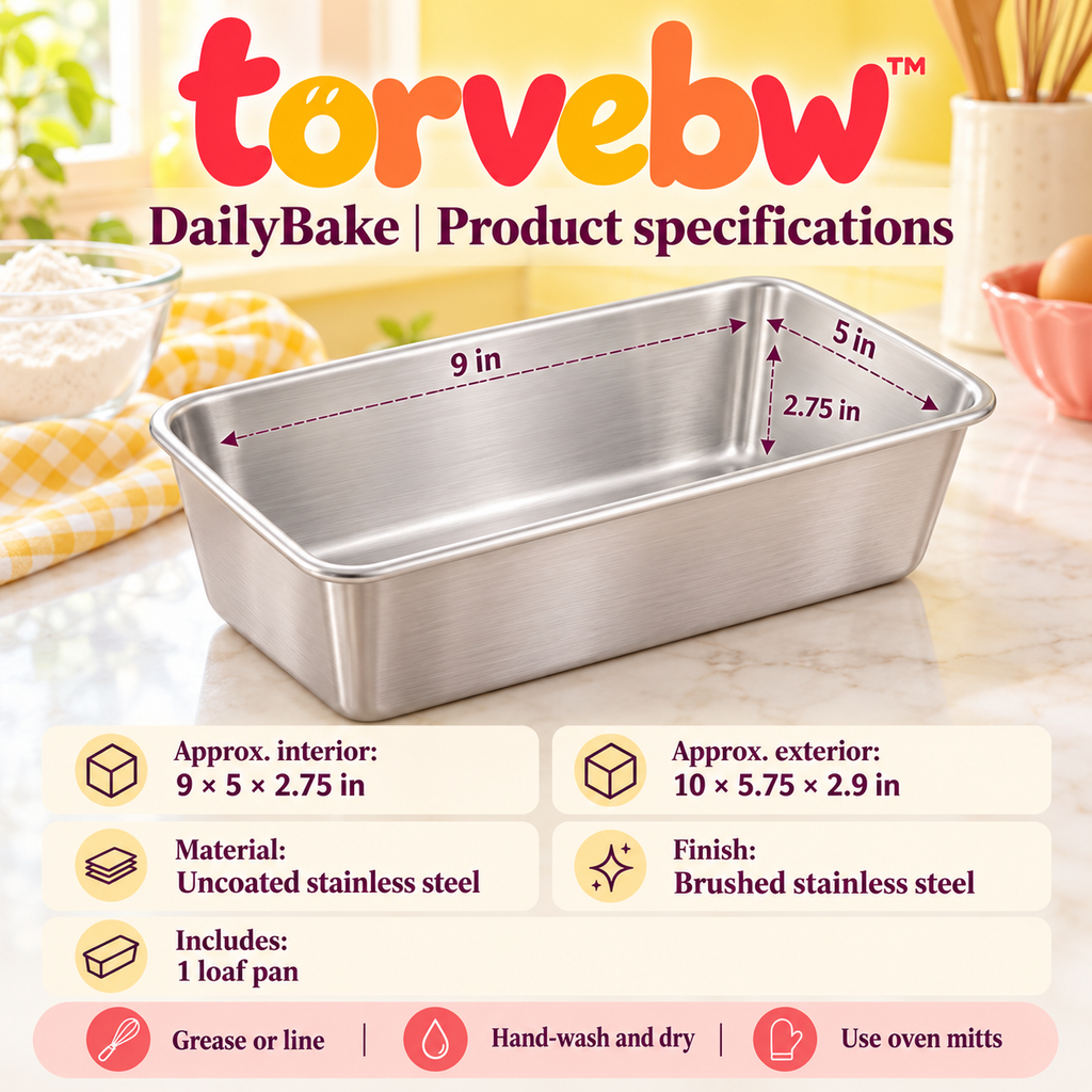torvebw™ DailyBake Loaf Pan, 9 × 5-Inch Uncoated Stainless Steel Bread Pan for Sandwich Bread and Quick Breads