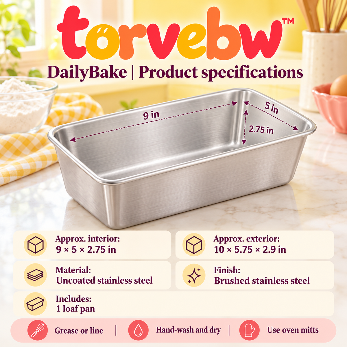 torvebw™ DailyBake Loaf Pan, 9 × 5-Inch Uncoated Stainless Steel Bread Pan for Sandwich Bread and Quick Breads