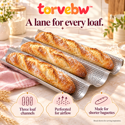 torvebw™ AirCrust Baguette Pan, 3-Loaf Perforated Stainless Steel French Bread Baking Tray, 15 × 9 Inches