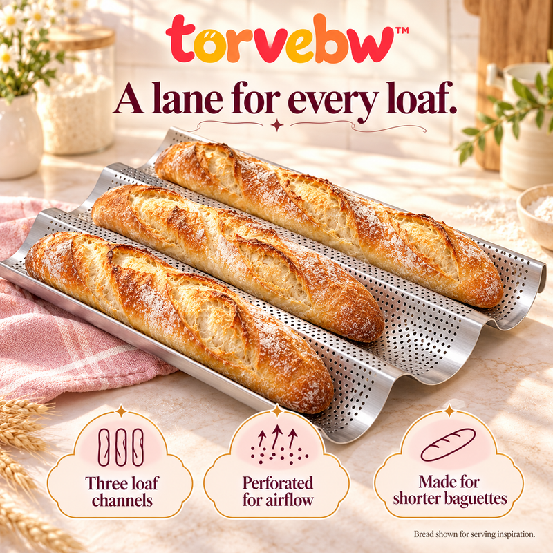 torvebw™ AirCrust Baguette Pan, 3-Loaf Perforated Stainless Steel French Bread Baking Tray, 15 × 9 Inches