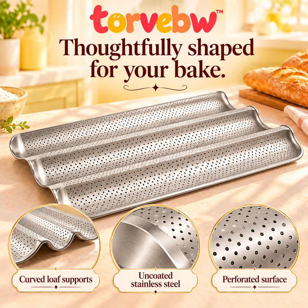 torvebw™ AirCrust Baguette Pan, 3-Loaf Perforated Stainless Steel French Bread Baking Tray, 15 × 9 Inches