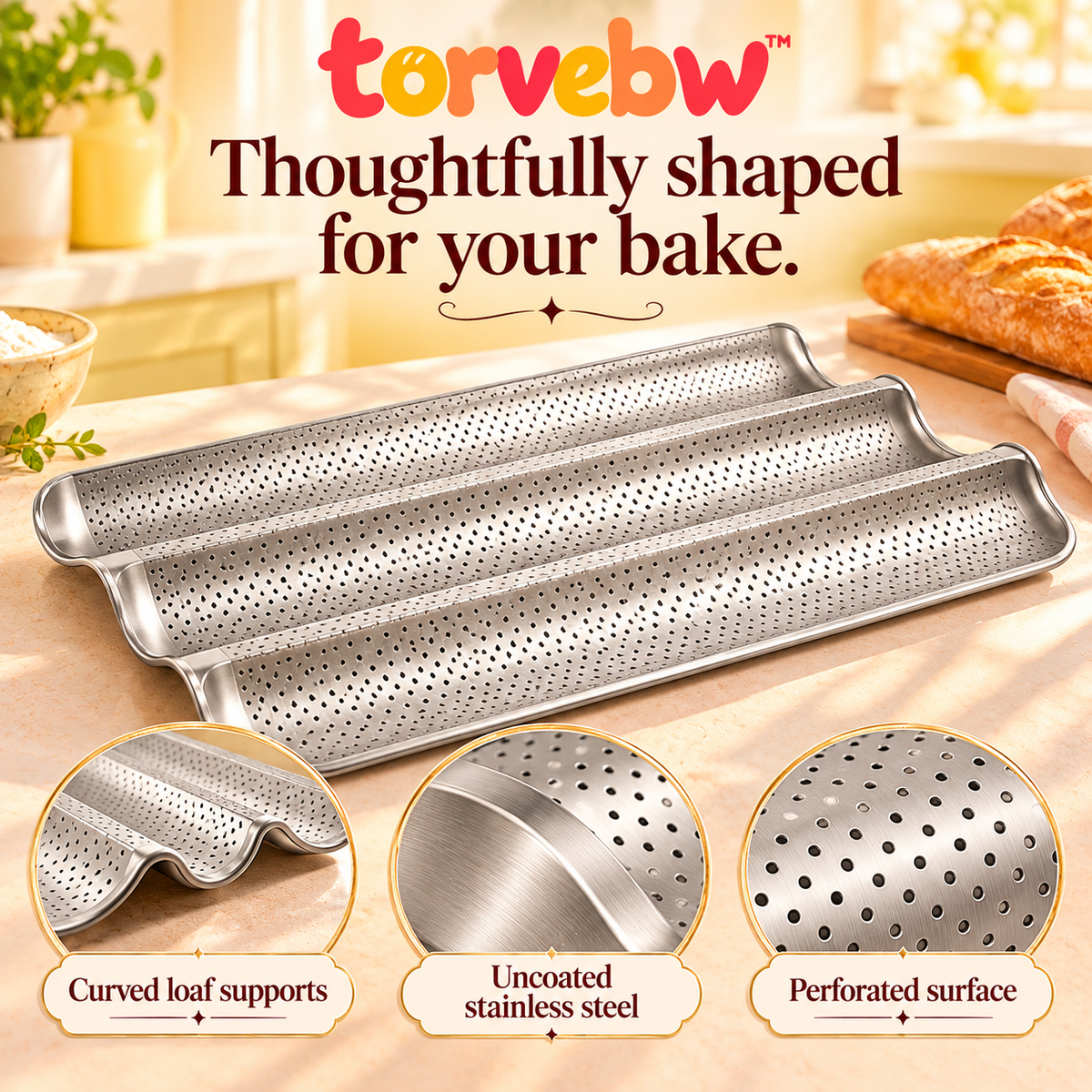 torvebw™ AirCrust Baguette Pan, 3-Loaf Perforated Stainless Steel French Bread Baking Tray, 15 × 9 Inches