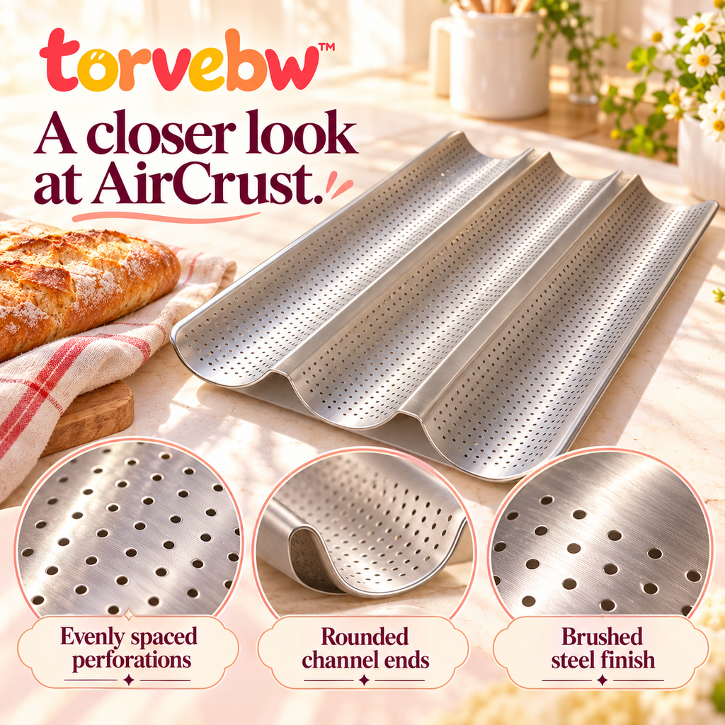 torvebw™ AirCrust Baguette Pan, 3-Loaf Perforated Stainless Steel French Bread Baking Tray, 15 × 9 Inches