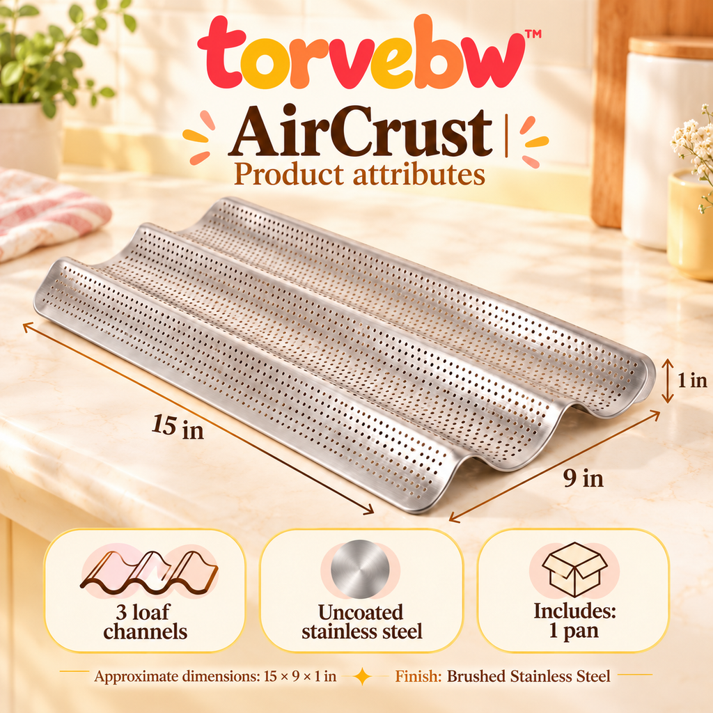 torvebw™ AirCrust Baguette Pan, 3-Loaf Perforated Stainless Steel French Bread Baking Tray, 15 × 9 Inches