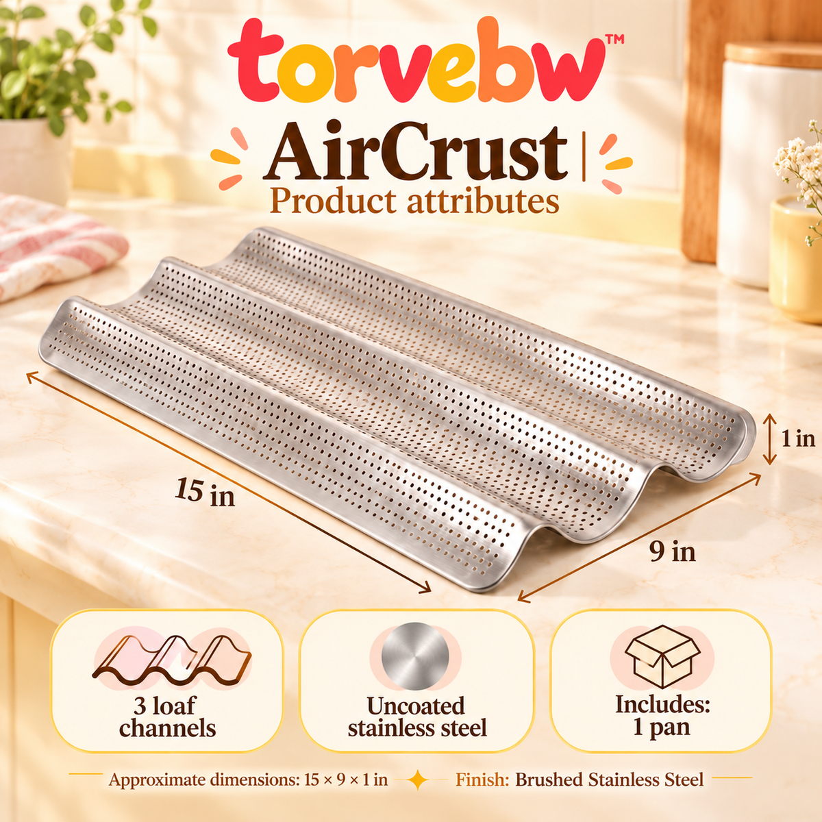 torvebw™ AirCrust Baguette Pan, 3-Loaf Perforated Stainless Steel French Bread Baking Tray, 15 × 9 Inches